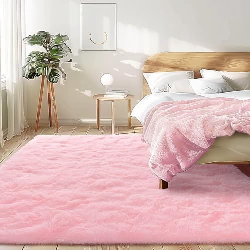 BSGIFT Teppich Rosa 140x200, Shaggy Flauschiger Teppich Wohnzimmer Langflor Wohnzimmerteppich High-Pile Carpet rutschfest, Modern Teppiche für Schlafzimmer Kinderzimmer Bettvorleger