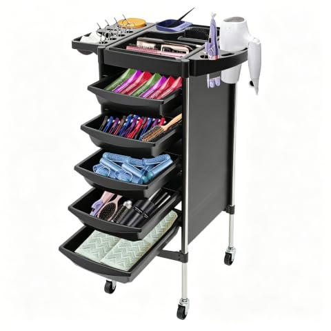 Carrello da Parrucchiere con Ruote, 36 x 85,5 cm, 5 Cassetti, Rettangolare, 6-Etagen Carrello Estetista con Aperture Multiple per Parrucchieri, Gioielli, Cosmetici, Salone di Bellezza, SPA