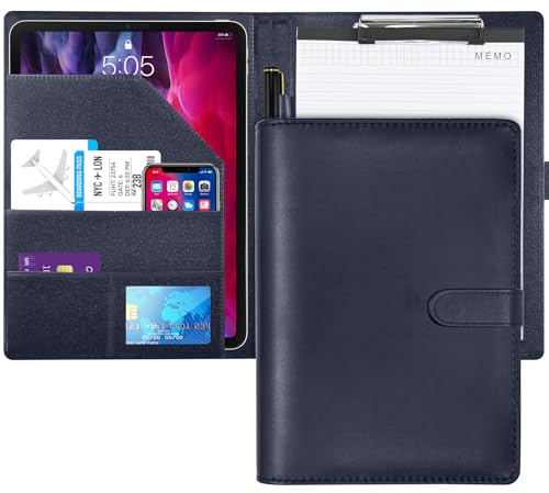 Clipboard Folder A4 Conference Portfolio Organizer for Legal Pad, Faux Leather A4 Foldover Clipboard with Dark Blue Cover
