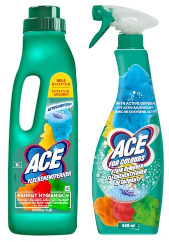 ACE Fleckenentferner Set - ACE Fleckenentferner Waschmittel und Fleckenentferner Spray, für Buntwäsche und Feinwäsche, hilft bei hartnäckigen Flecken, auch als Textilreiniger geeignet - 1 L + 650 ml