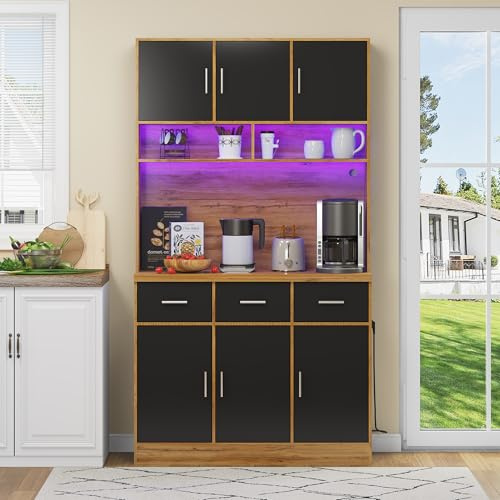 KUAKE - Piano da cucina, armadio a buffet multifunzione con illuminazione a LED con 3 cassetti, ripiani regolabili in MDF, armadio contenitore (colore naturale e nero)