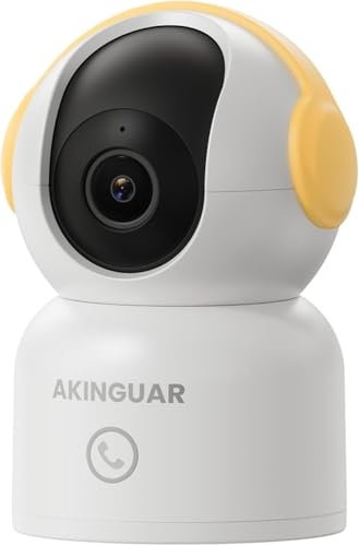 AKINGUAR Telecamera WiFi Interno 2K, Videocamera di Sorveglianza, Rotazione a 355°, 10M Visione Notturna, AI Intelligente Rilevamento di Movimento/Umanoide/Gesto, Audio Bidirezionale,Giallo