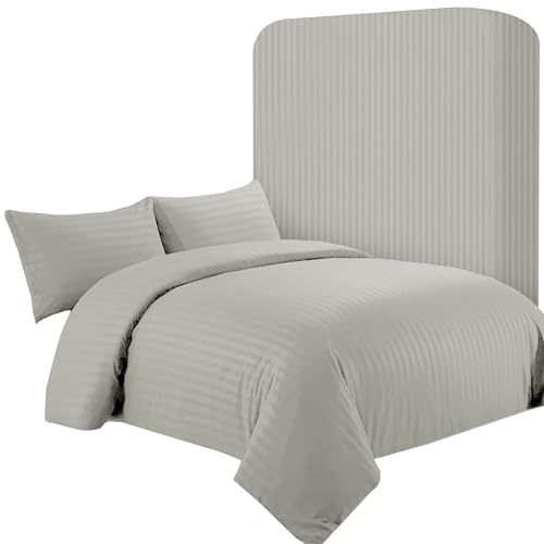 AR Ware Double Satin Stripe Duvet Cover Set – 4 Pcs Silver Soft, Hotel-Style Bedding Set with 2 Pillowcases and 1 Fitted Sheet