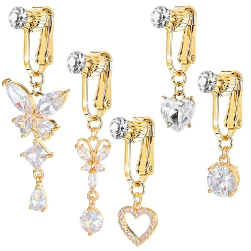 Qianyu 3/5Pcs Butterfly Heart Gold Fake Belly Piercing Ring Fake Faux Belly Button Piercing Clip Surgical Button Ring Earrings Non Piercing Jewelry Navel Rings for Women