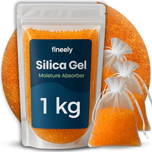 Fineely Silica Gel Deumidificatore, 1 kg, arancione, 3 – 5 mm, granulato con indicatore di colore arancione/verde, riutilizzabile e sicuro, 6 sacchetti in organza, essiccante per cantina, armadio