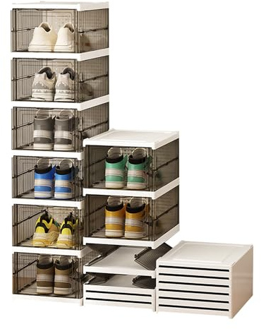 Furnestorica Schuhboxen Stapelbar Installationsfrei - Schuhbox aus Kunststoff mit transparenter Türen Schuhaufbewahrung High Heels Klappschuhschrank bis Größe 45 (Grau 6Ebenen)