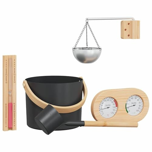 Gecheer Set di Accessori per Sauna 5 pezzi Nero, elegante e resistente calore, legno pino massello, attrezzatura benessere per sauna