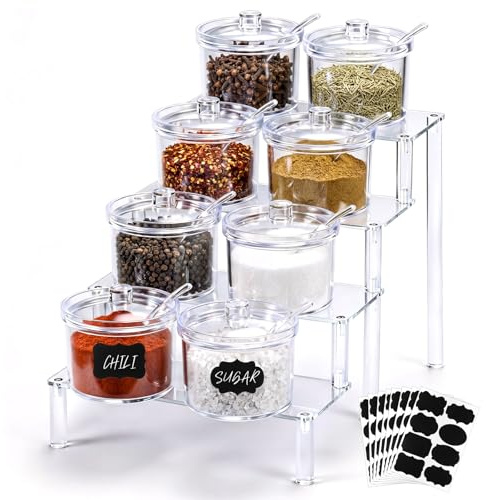 Ferrochef 12 Pcs Clear Sugar Bowls with Lid and Spoon and Acrylic Display Risers 7.1 oz Topping Containers with Tag and 4 Tier Acrylic Shelf Stand for Kitchen Hot Cocoa Bar Ice Cream Bar Supplies