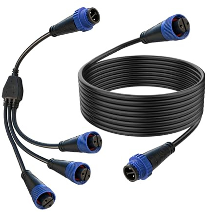 IP67 Waterproof 1 Male to 3 Female Y Splitter Cable with Extension Cord Kit, Low Voltage Lighting Cable Compatible with Philips Hue Outdoor Lights, for Garden Landscape Patio Smart Lighting Expansion