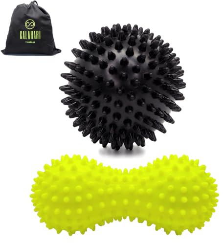 KALAHARI Massagebollar för Muskler, Dubbel spiky Boll och Spiky Boll + eBook Träningsmanual för myofasciell Självmassage, Plantar Fasciit och återhämtning, pilatesboll, Fotreflexologi, Triggerpunkter