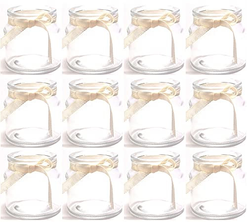 12er Set Teelichtgläser aus Glas – Kleine Windlichter H 7 cm mit cremefarbenem Band – Teelichthalter für Tischdeko & Hochzeit