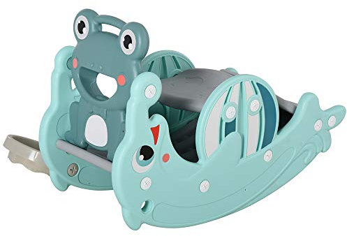 HOMCOM 3 en 1 Caballo Balancín para Niños con Tobogán Aro de Baloncesto Set de Juegos Multifuncional con Superficies Suaves 18-36 Meses con Forma de Rana Delfín 72x34x47 cm Verde