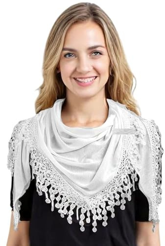 GFM® - Sciarpa triangolare da donna, tinta unita, morbido tessuto jersey, con pizzo e nappe, taglia piccola - Sciarpa per primavera/estate e tutte le stagioni -Bianco-(TRI-PLN-sfd-)