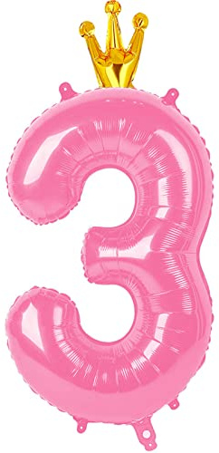 40 Inch Number Balloon 3, Pink 3rd Birthday Balloon Numbers with Crown, three Year Old Birthday Decor, Big Numbers 13 30 for Party Decorations Anniversary
