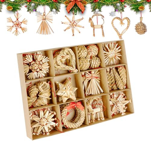 46Pcs Étoiles de Paille dans Un Mélange, Decoration Sapin Noel en Matériau Naturel, ilauke Pendentif Paille de différentes Formes, Suspension ​avec Une Jolie Boîte, Décorations pour Arbres de Noël