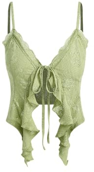 CIDER Going Out Tops for Women Y2K Tie Front Asymmetrical Ruffle Hem Lace Spaghetti Strap Cowgirl Crop Tops Green