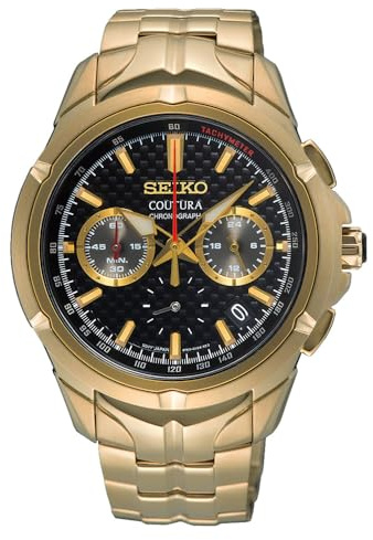 Seiko Coutura herrkronograf kvartsur för män – guldtonat rostfritt stålarmband, svart kolfiberurtavla, safirkristall, takymeter, datumvisning – 42 mm lyxig sportinspirerad armbandsur