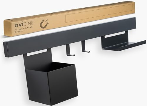 ovisine Küchenreling Starterset Orléans | schwarz | inkl. Hängeelemente | pulverbeschichteter Edelstahl | zum Bohren und Kleben | für die Küche | Küchenhelfer | Küchen Organizer | magnetisch