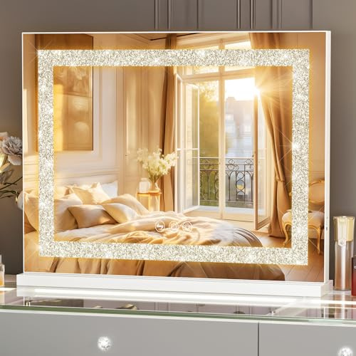 FENCHILIN Espejo de Maquillaje con iluminación Bluetooth Hollywood Espejo con USB Crushed Diamond Cristal Espejo con Iluminación 3 Temperatura de Color Vidrio Templado Espejo de Maquillaje 58 x 46 cm