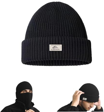 Black Balaclava Ski Mask Thermal Knit Beanie - 2 in 1 Winter Hat for Men, Motorbike Balaclava, Fisherman Beanie, Soft Warm Windproof Cap for Outdoors Running Skiing