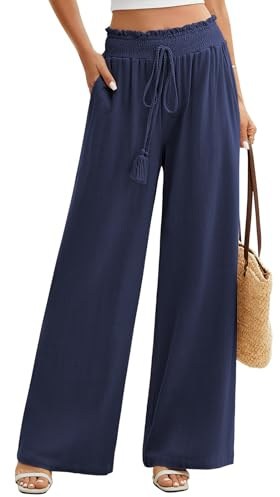 UMIPUBO Women's Cotton Linen Wide Leg Trousers with Elastic Waist, Lightweight Beach Palazzo Pants for Work, Yoga & Holiday