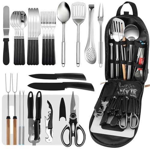 Ensemble D'Ustensiles Cuisine De Camping, Ustensiles de Cuisine et de Grillades Portables pour Cuisine de Camping, AdaptéS aux Voyages, Pique-Niques, Camping, Barbecue, Fête (27 Pièces)