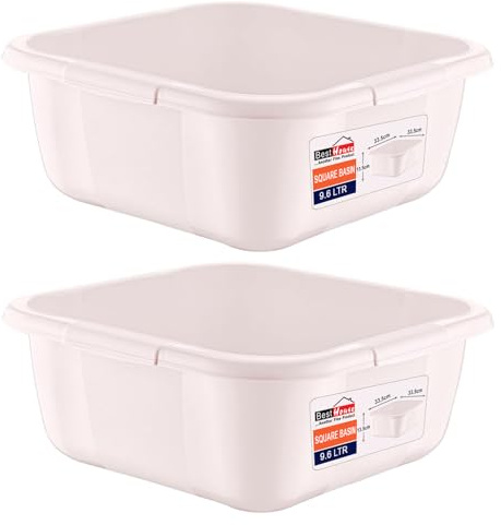 Best House | Plastic Washing up Bowl Basin | 9.6 Litres | Square | WHITE | 2 PCS | Multipurpose Bath Tub/Washing Tub for Kitchen, Bathroom, and Household Use (Pack of 2)