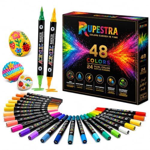 Rupestra Colors - 48 couleurs - 24 Feutres Acryliques Dual Color - Pointe Flexible 1-5 mm - Haute Pigmentation - Marqueurs Peinture Acrylique Multi-Surfaces (Pierre, Verre, Bois, Toile, Métal)