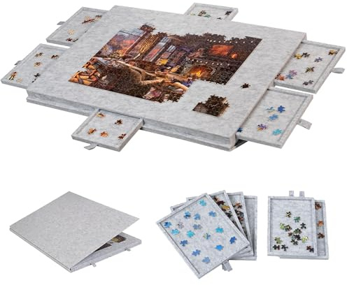 Tablero de Rompecabezas inclinable 2 en 1 con Soporte y Cubierta, 6 cajones de clasificación, Meseta de Fieltro Liviana para 1000 Piezas, Mesa de Juegos portátil, Regalo para Adultos y niños White