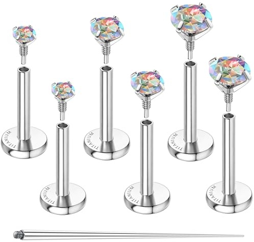 Sllaiss Piercing Titanio Grado Implante G23 Pendientes Piercings Oreja | Hipoalergenico Piercing Helix Tragus Labret Conch Cartílago Medusa Rosca Interna con Circonita Brillante 16G/18G