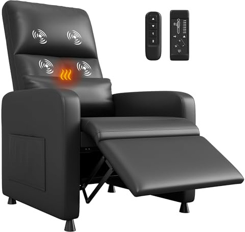 RBFGYIOP Poltrona Relax Elettrica Reclinabile 105-165°, Poltrona Massaggiante Con Riscaldamento, 4 Punti Massaggio, 2 Memorie Di Posizione, Portata 180kg, Tasca Laterale, Pelle PU, Nero (Spina UE)