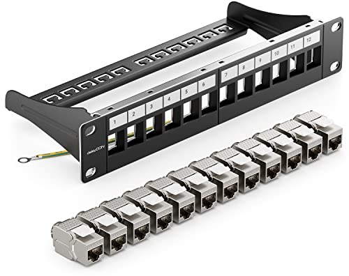 deleyCON 12 Puerto Panel de Parches Conjunto Modular 1 HE 10 Pulgadas Instalación en Rack + 12 Módulos RJ45 Keystone CAT6a Compatible con CAT5 CAT6 CAT7 LAN Cables de Red Cables de Descarga Negro