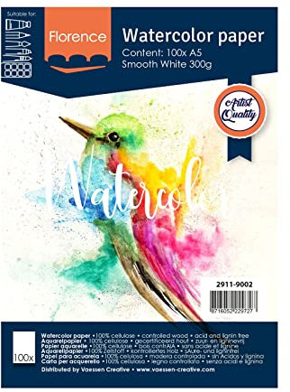 Florence 2911-9002 Glattes Aquarellpapier, Weiß, 300 Gramm/m², 100 Stück, DIN A5, für Aquarellmalerei, Handlettering, Brush Lettering und andere Papierbasteleien, Papier