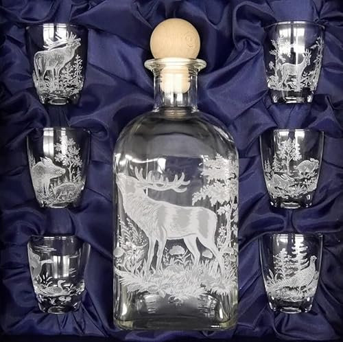 GTK - Geweihe & Trophäen KRUMHOLZ Schnapsgläser Set mit Karaffe 7-teilig Jagddekor im Geschenke Karton