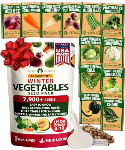 HOME GROWN 12 Winter Vegetable Seeds Heirloom,Fall & Winter Vegetable Seeds for Planting Home Garden: Bean, Beet, Broccoli, Cabbage, Carrot, Cauliflower, Kale,Parsnip,Squash,Chard & More
