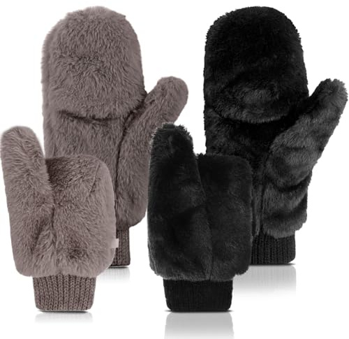 SATINIOR 2 Pair Faux Fur Mittens Fingerless Gloves Convertible Gloves Fluffy Winter Warm Soft Half Finger Fuzzy for Women (Black,Gray)