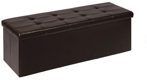 PINPLUS Folding Storage Ottoman Bench, Brown Faux Leather Long Storage Chest Footstool Seat, Bench for Bedroom and Hallway, 43.3x15.7x15.7