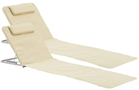 [en.casa] Set 2 Materassini Prendisole Pieghevoli Schienale Reclinabile 5 Posizioni Poggiatesta Tasca Posteriore Lettini per Spiaggia Giardino Campeggio con Borsa Trasporto - Beige