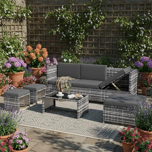 LTGB Garden Corner Sofa Set, 6 Seater Rattan Sofa Set, Garden Furniture, Glass Top Coffee Table Mat with Washable Seat Cushion, for Backyard/Poolside/Balcony【UK Fast Shippment】