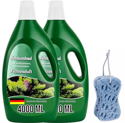 Schaumbad Badewanne Fichte 2 x 4L - Wellness Badezusatz mit Fichtennadel-Aroma, Hautpflege & Entspannung, inkl. Schwamm