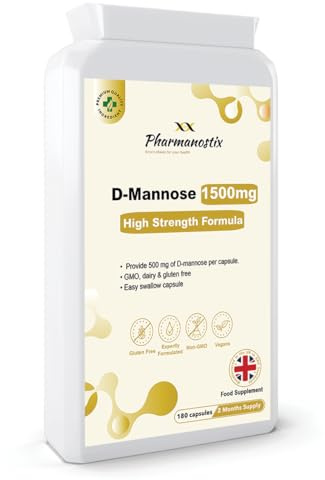 Pharmanostix D-Mannose 500mg Per Capsule – High Strength Daily Serving (1500mg) – 180 Vegan Friendly Capsules (Not Tablets) – 100% Natural Premium D Mannose – Suitable for Vegans – Made in The UK
