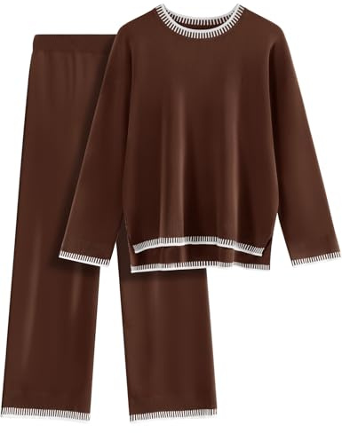 TOMEEK Completo Tuta Donna Elegante Sportiva 2 Pezzi in Maglia Set di Pantaloni Maniche Lunghe Girocollo Larga e Maglione Casual Pullover Top Tuta da Casa Jogging(Marrone,L)
