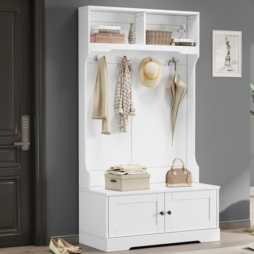 KOMHTOM Porte-manteaux blanc avec banc à chaussures, ensemble de vestiaire pour couloir avec quatre crochets, ensemble de penderie pour l'entrée de la chambre