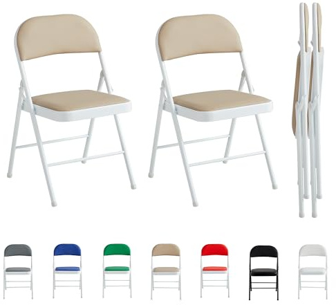 mcc direct Set mit 2 faltbaren Stühlen, Kunstleder-Stühle mit Metallrahmen und gepolstertem Sitz, leicht zu falten und zu lagern für Zuhause, Büro, Esszimmer und Empfang (Beige)