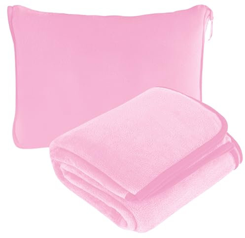 WIYETY Reisedecke Flugzeug, Verwandlungskissen 2 in 1, Tragbare Flugzeugdecke mit Kofferbefestigung, für Büro, Geschäftsreisen, Reisen, Ultraleicht Warm - Rosa - 152 x 127cm