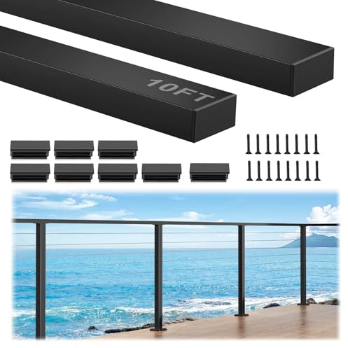 Gyykzz 10FT Aluminum Black Handrail, 2 Pack Rectangular Flat Top Hand Rail Prefect for Coastal Projects, Deck Railing Top Rail Square Tube with 8 Nylon End Cap for Indoor Outdoor Stairs DIY Balustrade