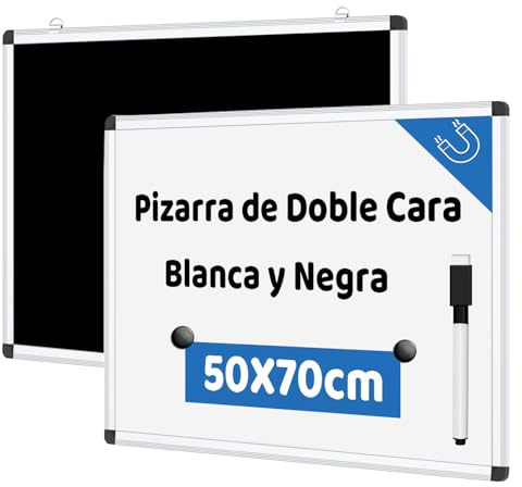 Pizarra Magnética de Doble Cara Blanca y Negra, Pizarra de Borrado en Seco con Marco de Aluminio - Incluye Rotulador con Goma y Imanes para Sujetar, Medida 50x70cm