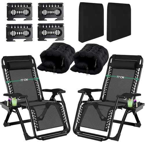 Fiutazge 2Pcs 77CM ExtraAncha Tumbonas Jardin Exterior,Sillas Jardin Exterior con Respaldo Ajustable,Acolchado,Reposacabezas,Portavasos,Reposapiés,Tumbona Plegable para Patio,JardíN,Playa,Negro