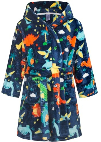 FILOWA Albornoz con Capucha Niño Pequeños Ducha Bata de Baño Casa Fluffy Polar Franela Suave Pijamas Caliente Animados Dinosaurio Estampado Otoño Invierno Ropa de Dormir para Infantil 4-5 Años, Azul