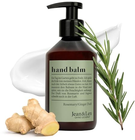 Jean & Len Hand Balm Rosemary & Ginger, mit Bio-Arganöl, Sheabutter und Vitamin E für eine weiche Haut, feuchtigkeitsspendende Handpflege für beanspruchte Haut, aromatisch-frischer Duft, 250 ml